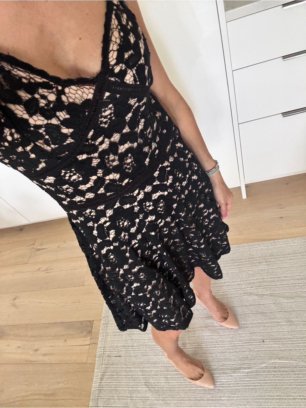 Zara Black Lace V-Neck Spaghetti Strap Dress with Nude Lining